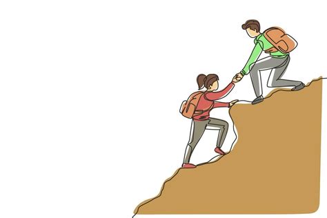 Illustratie van twee mensen die elkaar helpen bij het beklimmen van een berg.