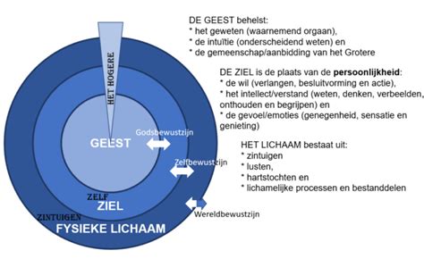Schema dat de relatie tussen lichaam, ziel en geest in verschillende theologische visies weergeeft.