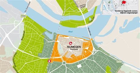 Een gedetailleerde kaart van Nijmegen waarop de verschillende parkeerzones (rood, grijs, groen) zijn aangegeven.