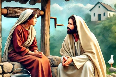 Visuele weergave van de ontmoeting tussen Jezus en de Samaritaanse vrouw bij de bron, met symbolische elementen van levend water en eeuwig leven.