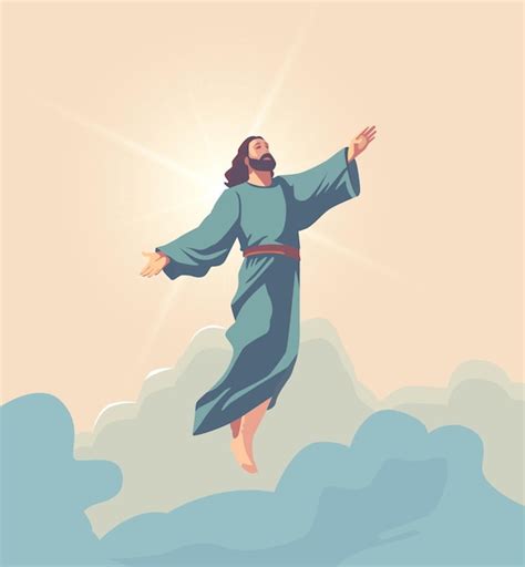 Illustratie van Jezus die opstijgt naar de hemel, omringd door engelen.