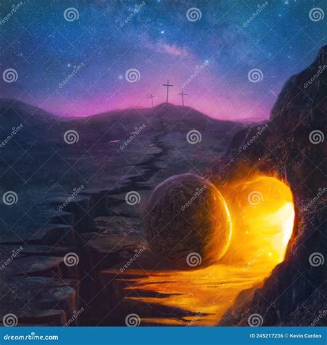 Illustratie van een kruis en een lege tombe, met stralen van licht die erop vallen.