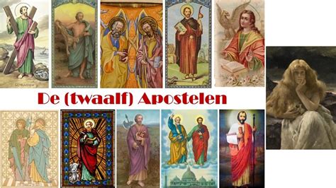 Schematische weergave van de twaalf apostelen met hun namen.