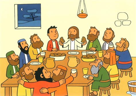 Illustratie van Jezus die het brood breekt en de beker deelt met zijn discipelen tijdens het laatste avondmaal.