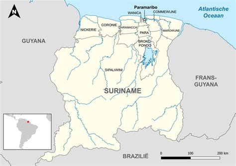 Historische kaart van Suriname met aanduiding van zendingsposten