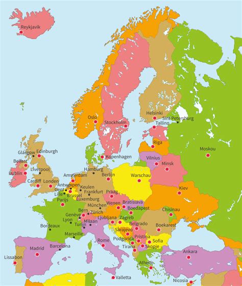 Kaart van Europa met markeringen voor de belangrijkste steden van de Reformatie, waaronder Genève en Straatsburg