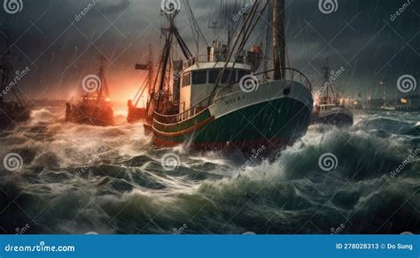 Symbolische afbeelding van een vissersboot op een stormachtige zee, met op de achtergrond een opkomende zon.