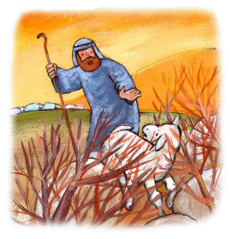 Illustratie van een herder die een lammetje op zijn arm draagt, met op de achtergrond een vredig berglandschap.