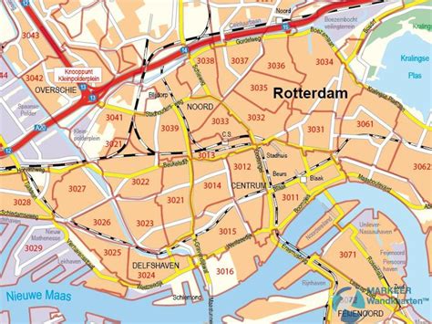 Kaart van de regio Rotterdam met daarop de postcodegebieden aangegeven waar de leerlingen van Portus Juliana wonen.