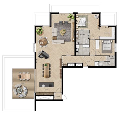 Plattegrond van het appartement met 85 m² woonoppervlakte en twee slaapkamers