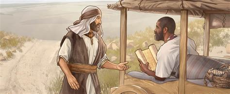 illustratie van de Ethiopische eunuch die leest in de boekrol, met Filippus die nadert