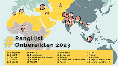 Wereldkaart met markeringen van onbereikte volken