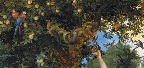 Een artistieke weergave van de zondeval, met Adam, Eva en de slang bij de boom.