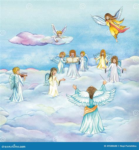 Illustratie van engelen die zingen in een landschap, passend bij de titel van het lied