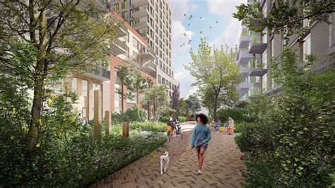 Artistieke impressie van De Waadwente, met nadruk op de moderne architectuur en de groene omgeving.