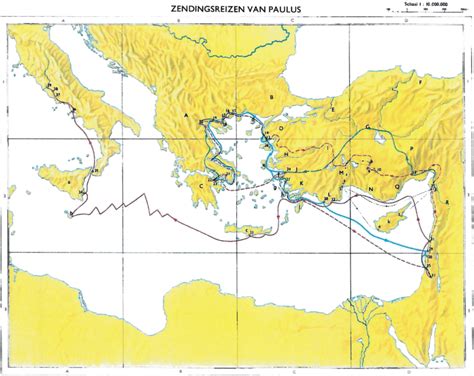 Schematische weergave van Paulus' zendingsreizen