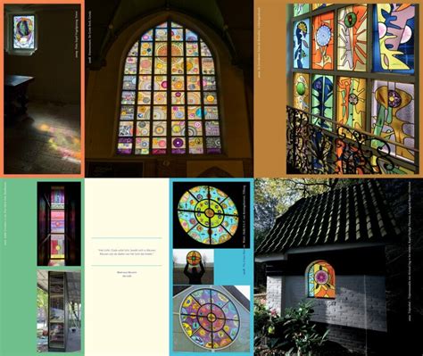 Gedetailleerd overzicht van de glas-in-loodramen in de Sint-Catharinakerk, met vermelding van kunstenaars en thema's.