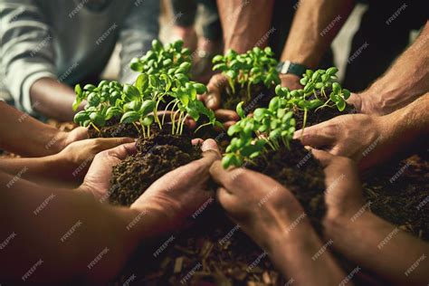 Visuele metafoor van handen die samenwerken om een zaadje te planten, symbool voor geloof in actie.