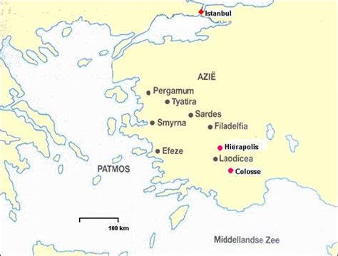 Kaart van Klein-Azië met de locaties van de zeven gemeenten uit Openbaring.