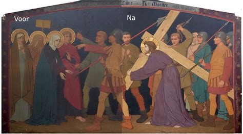 Gedetailleerde foto van een van de interieurschilderingen van Joan Collette in de Sint-Jozefkerk.