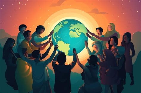 Illustratie van een vrouw die een hand uitsteekt naar een groep mensen in een ontwikkelingsland