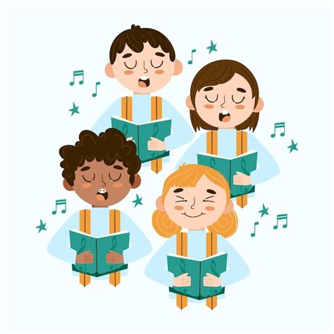 Illustratie van kinderen die samen zingen met een bijbel op de voorgrond