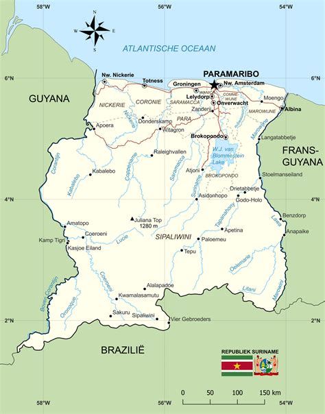 Historische kaart van Suriname met zendingsposten van de Hernhutters