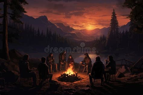 Illustratie van een groep lachende kinderen en leiders rond een kampvuur.