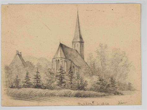 Historische afbeelding of schets van de kerk van Beekbergen, met focus op de middeleeuwse architectuur.